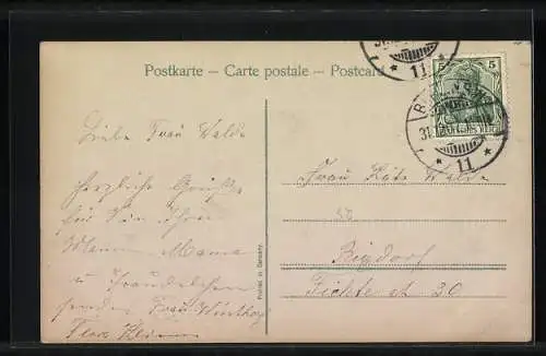 AK Prosit Neujahr, Kind sitzt im Vogelnest an einem Strommast