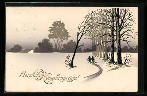 AK Herzliche Neujahrsgrüsse, Winterlandschaft mit Wanderern