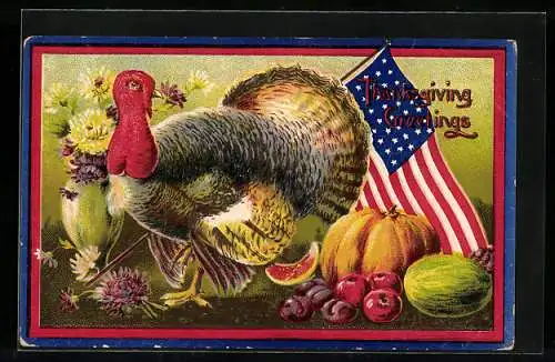 Präge-AK Thanksgiving, Truthahn mit amerikanischer Flagge und Ernte