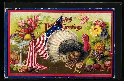 Präge-AK Thanksgiving, Truthahn mit Ernte und amerikanischer Flagge