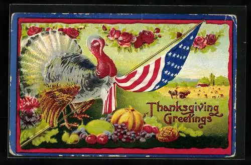 Präge-AK Thanksgiving, Truthahn mit amerikanischer Flagge und Ernte auf dem Feld