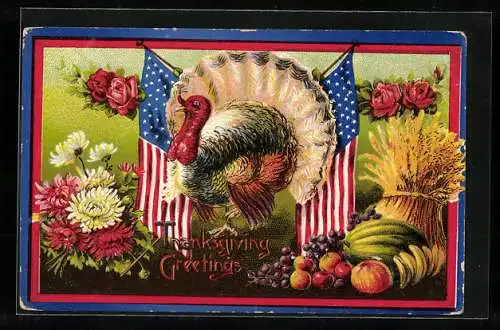 Präge-AK Thanksgiving, Truthahn mit Ernte und amerikanischer Flagge