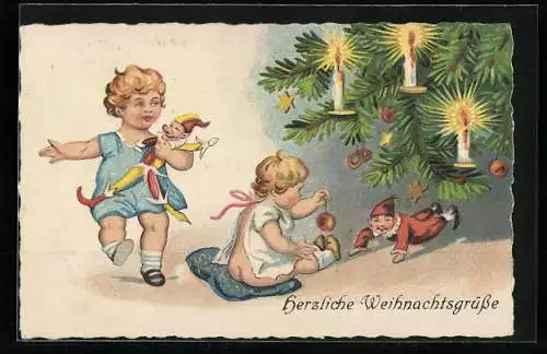 AK Herzliche Weihnachtsgrüsse, Kinder spielen unter dem Weihnachtsbaum