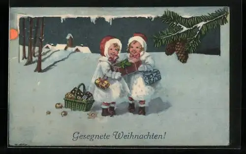 AK Gesegnete Weihnachten, Kinder tauschen im Schnee Geschenke aus