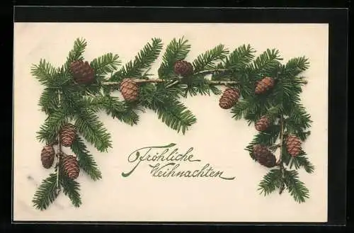 AK Fröhliche Weihnachten, Tannenzweig mit Zapfen