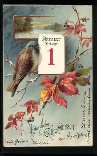 AK Neujahrsgruss, Kalenderblatt 1. Januar mit Singvogel und Winterlandschaft