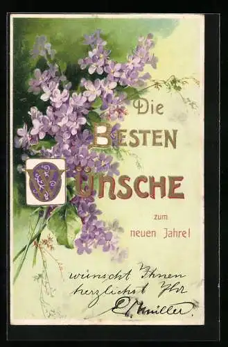 Präge-AK Neujahrsgruss mit violetten Blumen