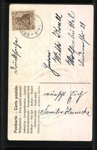 AK Prosit Neujahr, Hufeisen und Dame mit Weinglas