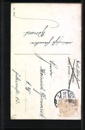 AK Prosit Neujahr, Frau schaut aus Fenster auf Rathausuhr