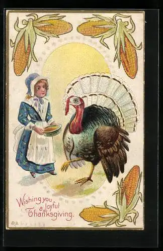 Präge-AK Thanksgiving, Truthahn mit Maiskolben und Mädchen