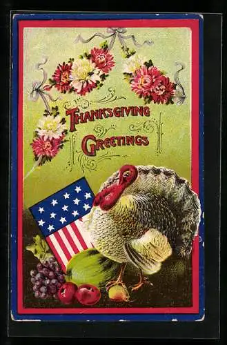 Präge-AK Thanksgiving, Truthahn mit Ernte und Blumen