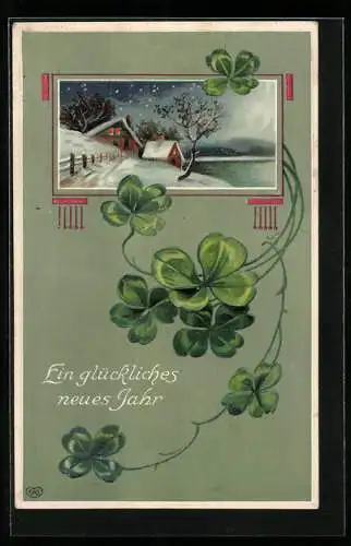 AK Kleeblätter mit verschneitem Dorf, Neujahrsgruss