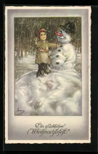 AK Junge baut einen Schneemann im Wald