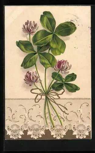 AK Kleeblatt mit Blüten auf Spitzentuch