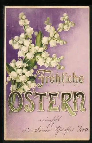 AK Ostergruss und Maiglöckchen auf violettem Hintergrund