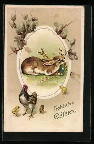 AK Osterhase mit Küken und Palmkätzchenzweig