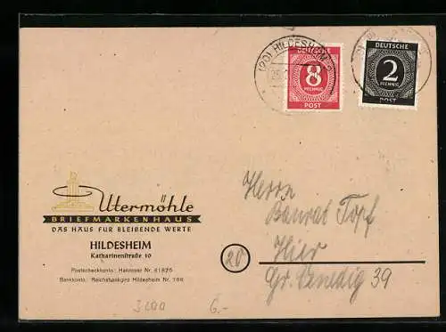 AK Hildesheim, Korrespondenzkarte des Briefmarkenhauses Utermöhle, Katharinenstrasse 10