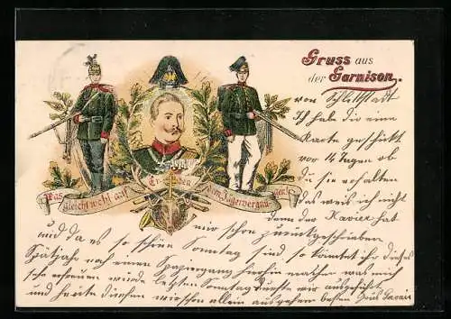 Lithographie Kaiser Wilhelm II. mit Jagdsymbolik, Garnisonsgruss