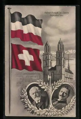 AK Zürich, Kaiserbesuch 1912, Kirche, Portraits, Deutsche und Schweizer Fahne