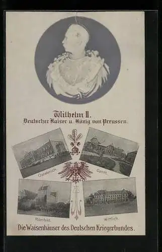 AK Osnabrück, Kaiser Wilhelm II., Die Waisenhäuser des Deutschen Kriegerbundes, Canth, Wittlich, Römhild