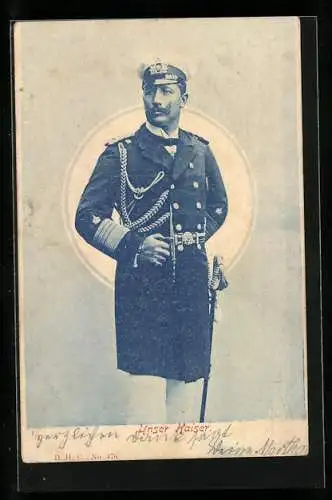 AK Kaiser Wilhelm II. in Uniform mit Achselbändern mit seinem Degen