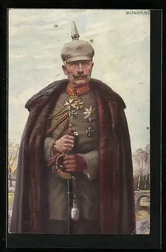 AK Kaiser Wilhelm II. im Pelzmantel mit Pickelhaube, Orden Und Degen