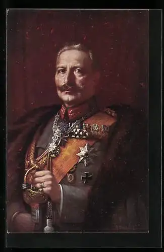 Künstler-AK Kaiser Wilhelm II. in ordensbehangener Uniform mit einem übergeworfenen Pelzmantel