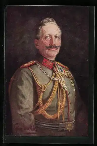 Künstler-AK Kaiser Wilhelm II. in festlicher Uniform mit stoischem Blick