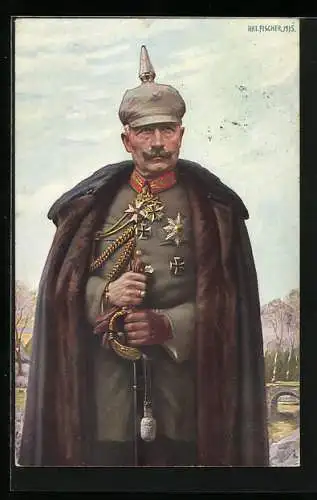 AK Kaiser Wilhelm II. im Pelzmantel mit Pickelhaube, Orden Und Degen