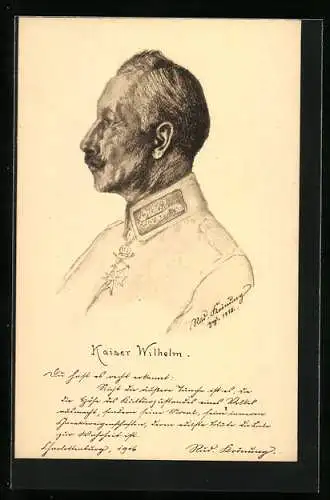 Künstler-AK Kaiser Wilhelm II. im seitlichen Portrait in einfacher Uniform