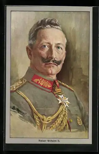 Künstler-AK Kaiser Wilhelm II. in Uniform mit seinem ikonischen Schnurrbart und stoischem Blick