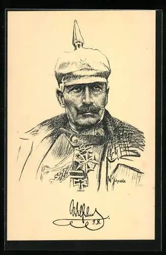 Künstler-AK Kaiser Wilhelm II. mit Abzeichen und Pickelhaube