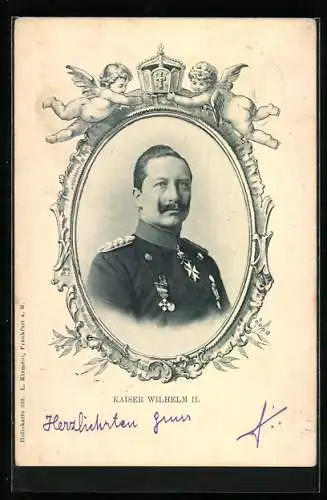 AK Kaiser Wilhelm II. im Portrait in kaiserlichem Passepartout