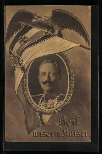 AK Kaiser Wilhelm II. im Passepartout mit Reichsadler und Reichskriegsflagge, Heil unserm Kaiser