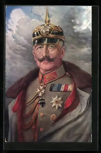 Künstler-AK Kaiser Wilhelm II. in Uniform mit Pickelhelm und Eisernem Kreuz