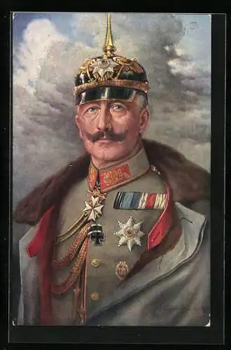 Künstler-AK Kaiser Wilhelm II. in Uniform mit Pickelhelm und Eisernem Kreuz