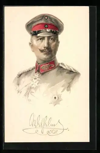 AK Kaiser Wilhelm II., Portrait in Uniform mit Mütze mit rotem Band