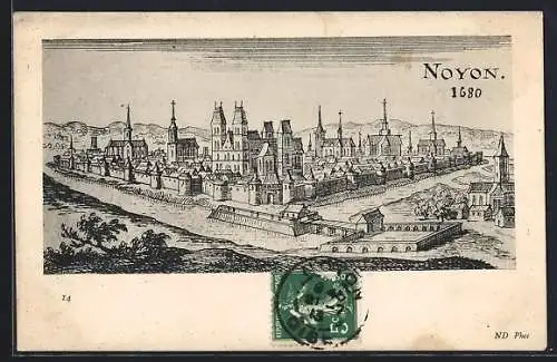 Künstler-AK Noyon, Gesamtansicht aus dem Jahre 1680