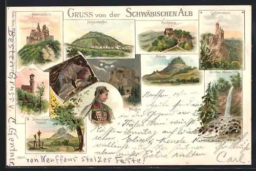 Lithographie Hohenzollern, Hohenstaufen, Rechberg, Lichtenstein, Uracher Wasserfall, Teck, Neuffen, Salmandinger Kapelle