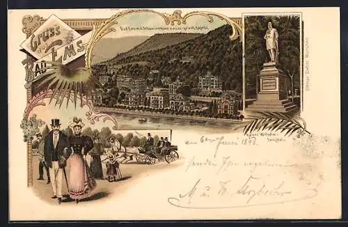 Lithographie Bad Ems, Panorama mit Schweitzer Haus u. russ.-griech.-Kapelle & Kaiser Wilhelm Denkmal