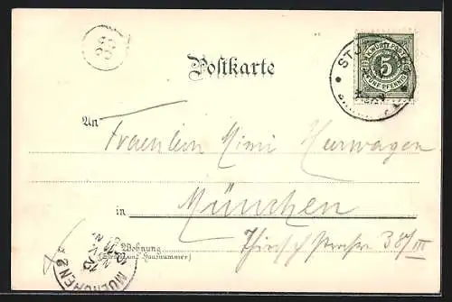 Lithographie Stuttgart, Schloss mit Anlagensee, Eugen Brunnen, Altes Schloss