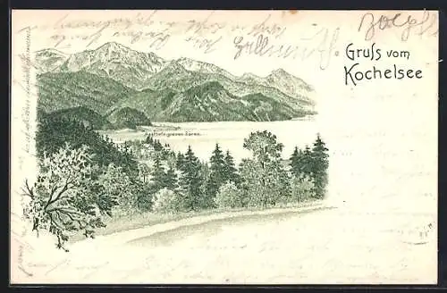 Lithographie Kochelsee, Panorama mit dem Gasthof z. grauen Bären