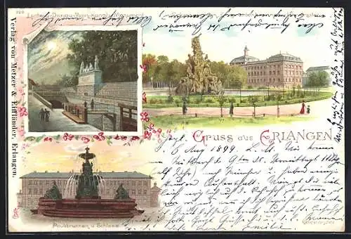 Lithographie Erlangen, Kanalpartie mit Monument, Universität mit Emigrantenbrunnen