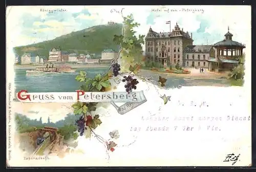 Lithographie Petersberg a. Rh., Köingswinter, Hotel auf dem Petersberg und Zahnradbahn