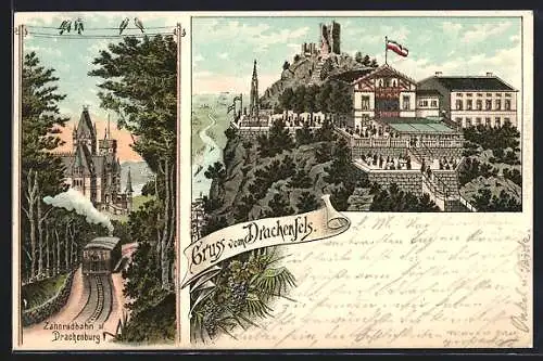 Lithographie Drachenburg und Zahnradbahn, Hotel auf dem Drachenfels