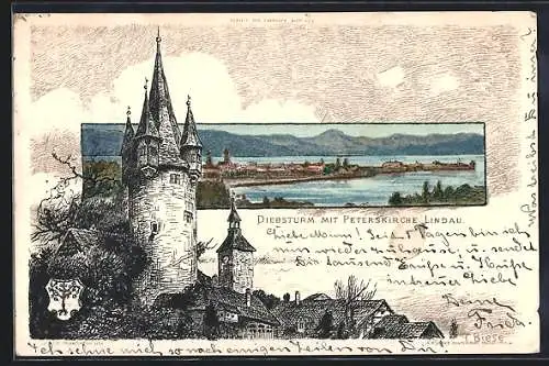 Künstler-AK C.Biese: Lindau, Gesamtansicht mit dem Bodensee, Diebsturm mit Peterskirche