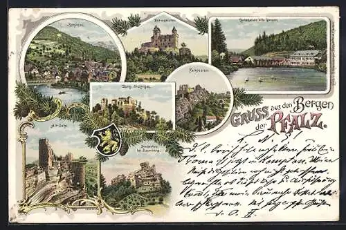 Lithographie Altdahn, Schönau, Berwartstein, Falkenstein, Drachenfels bei Busenberg