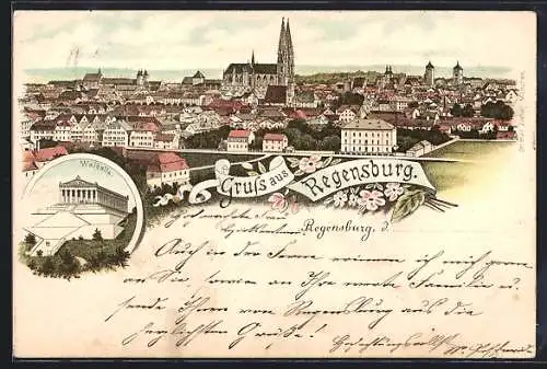 Lithographie Regensburg, Walhalla, Gesamtansicht mit Dom