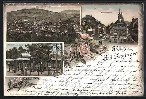 Lithographie Bad Kissingen, Totalansicht, Rakoczy-Brunnen, Marktplatz