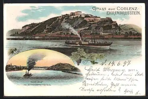 Lithographie Koblenz, Blick zur Feste auf dem Berg, Blick auf Ehrenbreitenstein